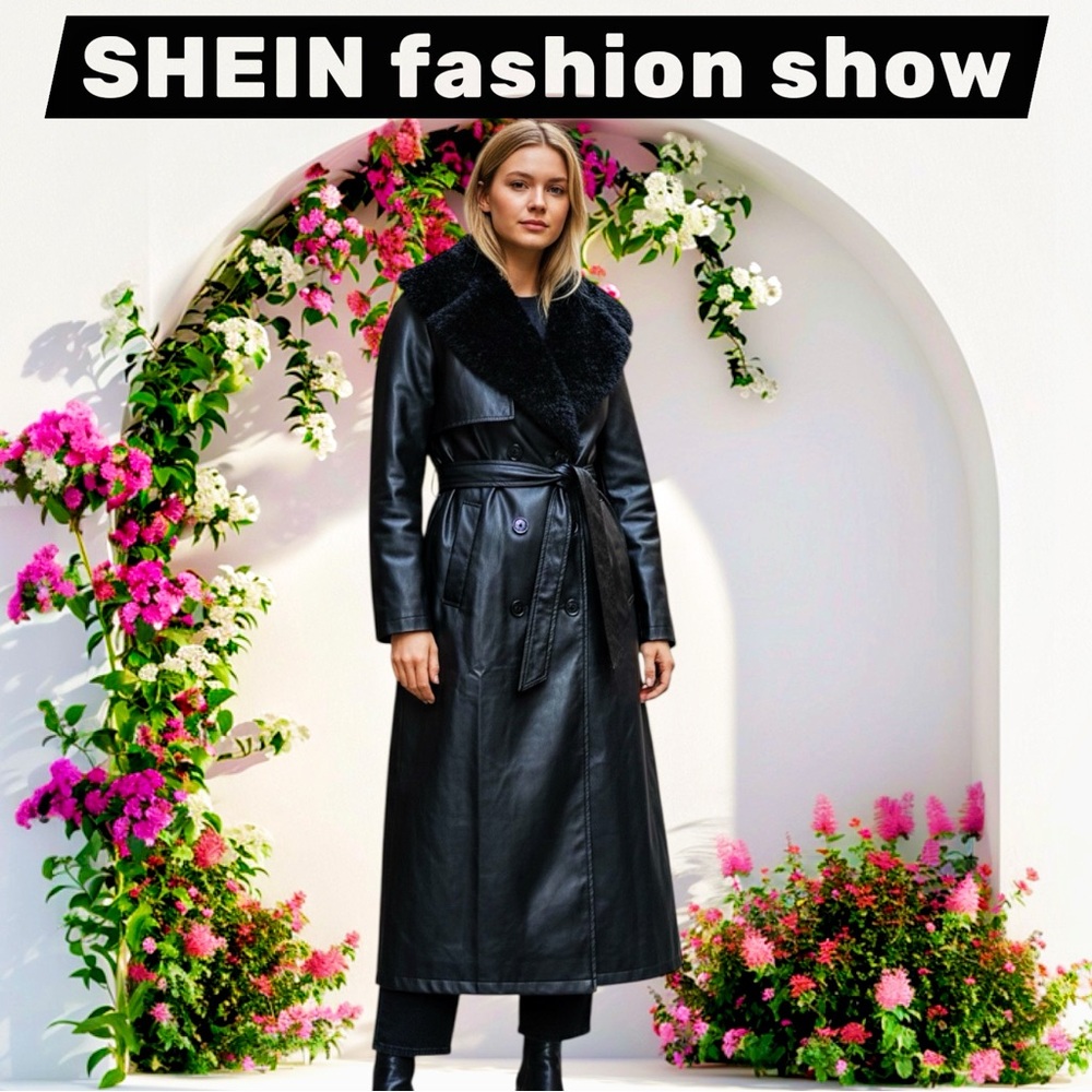 Vintage style SHEIN Black Faux Leather Long Trench Coat with Shearling Collar - Picture 6 of 17